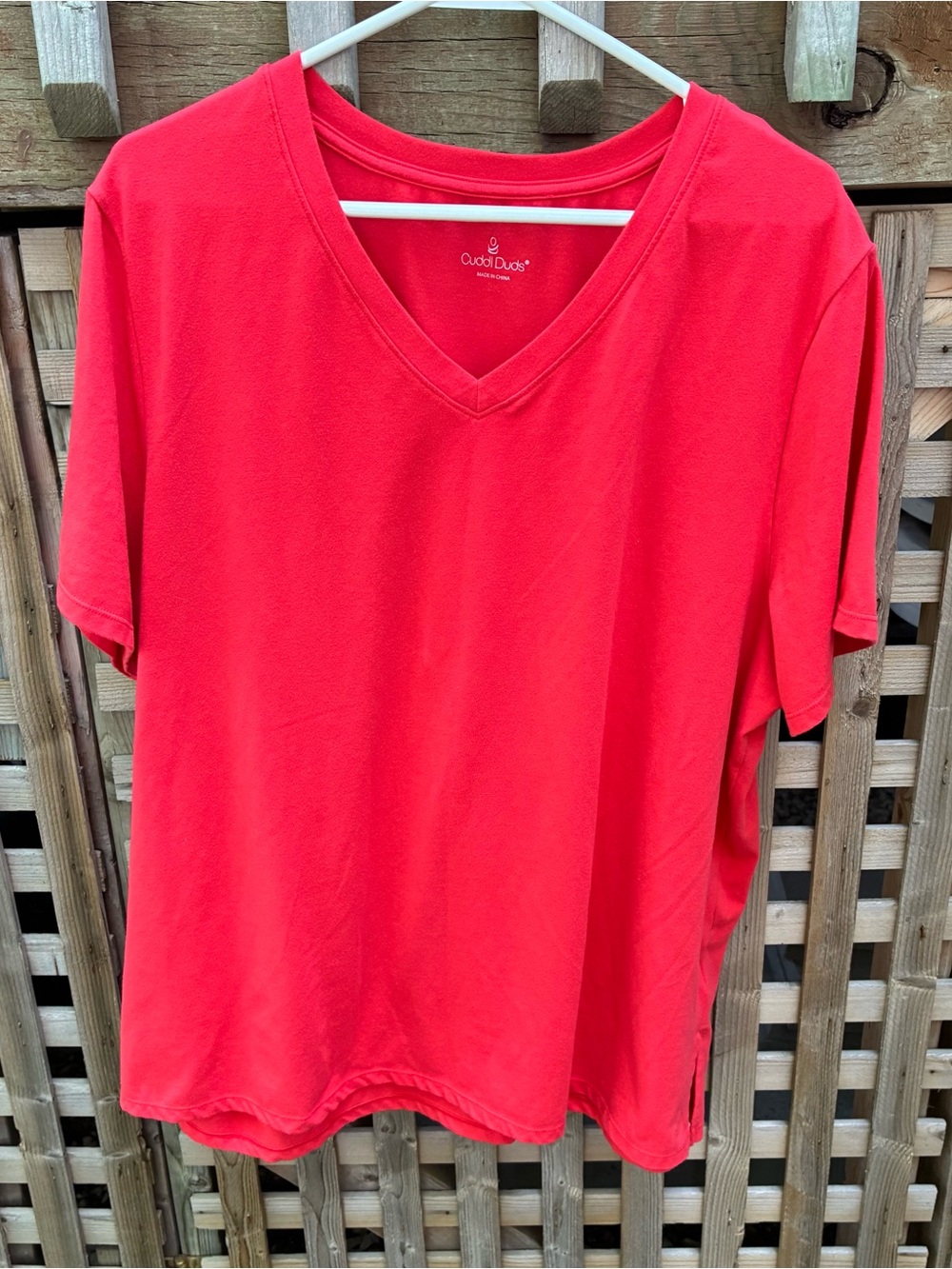 Cuddl Duds V-Neck Short Sleeve Tee in Bright Melon Colour.